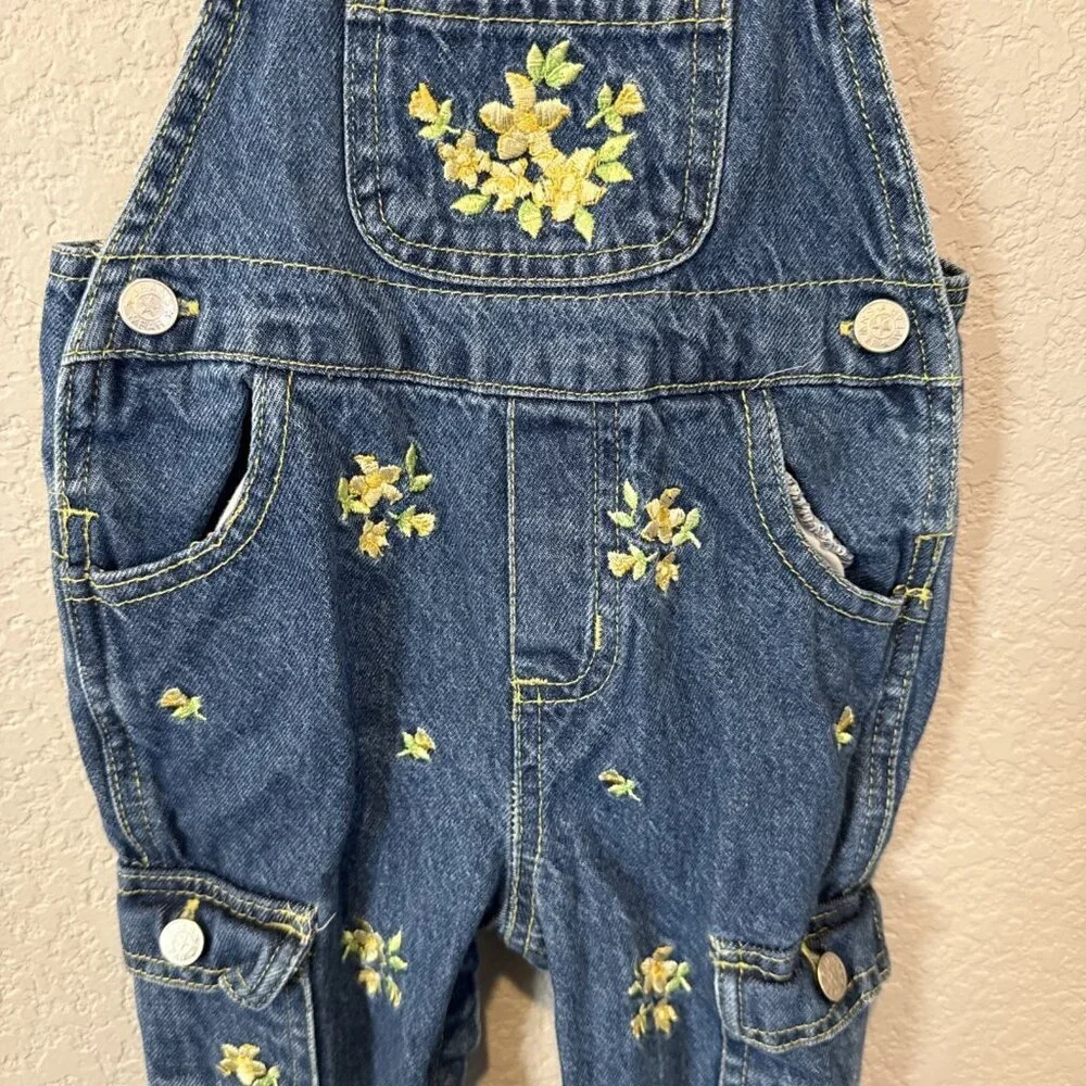 Vintage Jeans wear Overalls Toddler Girls Size 18 Months Denim Yellow Embroidery